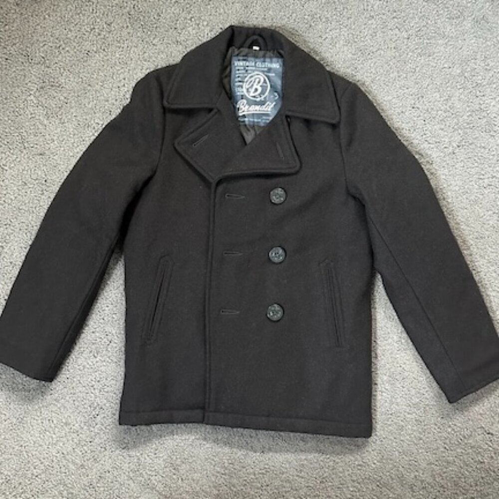 Brandit Peacoat Jacket Wool Blend Double Breasted Charcoal Gray - Men's Small